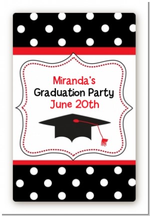 Graduation Cap Black & Red - Custom Large Rectangle Graduation Party Sticker/Labels