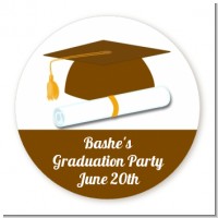Graduation Cap Brown - Round Personalized Graduation Party Sticker Labels