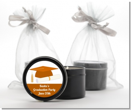 Graduation Cap Orange - Graduation Party Black Candle Tin Favors