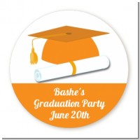 Graduation Cap Orange - Round Personalized Graduation Party Sticker Labels