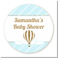 Hot Air Balloon Boy Gold Glitter - Round Personalized Baby Shower Sticker Labels