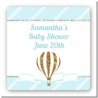 Hot Air Balloon Boy Gold Glitter - Square Personalized Baby Shower Sticker Labels