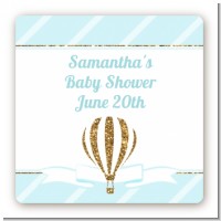 Hot Air Balloon Boy Gold Glitter - Square Personalized Baby Shower Sticker Labels