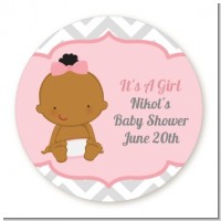 It's A Girl Chevron African American - Round Personalized Baby Shower Sticker Labels
