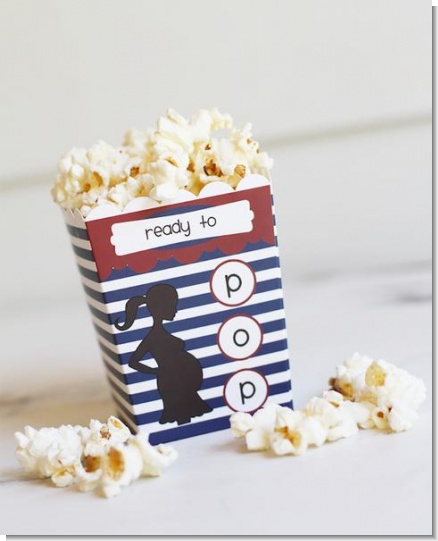 Ready To Pop Navy Blue Stripes and Red - Baby Shower Popcorn Boxes