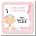 Little Girl Doctor On The Way - Square Personalized Baby Shower Sticker Labels thumbnail