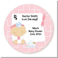 Little Girl Doctor On The Way - Round Personalized Baby Shower Sticker Labels