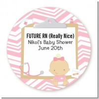 Little Girl Nurse On The Way - Round Personalized Baby Shower Sticker Labels
