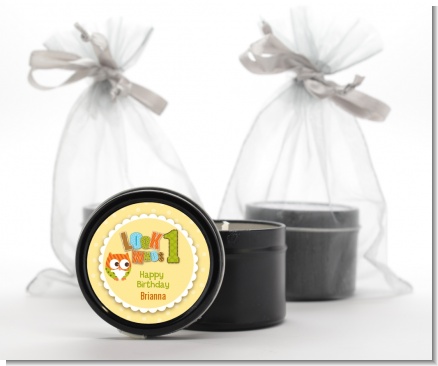 Look Who's Turning One Owl - Birthday Party Black Candle Tin Favors