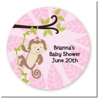 Monkey Girl - Round Personalized Baby Shower Sticker Labels