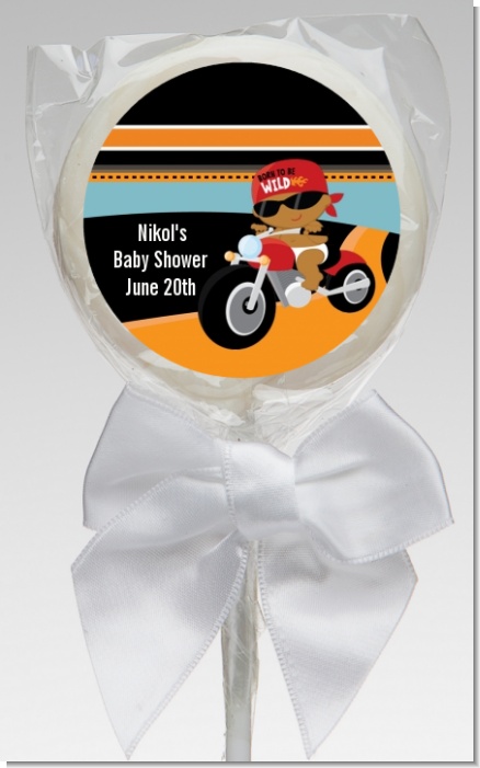 Motorcycle African American Baby Boy - Personalized Baby Shower Lollipop Favors