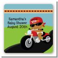 Motorcycle African American Baby Boy - Square Personalized Baby Shower Sticker Labels thumbnail