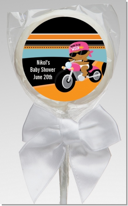 Motorcycle African American Baby Girl - Personalized Baby Shower Lollipop Favors