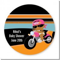 Motorcycle African American Baby Girl - Round Personalized Baby Shower Sticker Labels