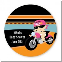 Motorcycle Baby Girl - Round Personalized Baby Shower Sticker Labels