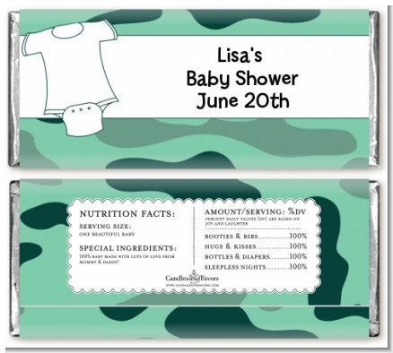 Baby Outfit Green Camo - Personalized Baby Shower Candy Bar Wrappers