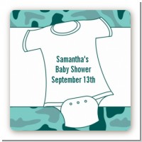Baby Outfit Green Camo - Square Personalized Baby Shower Sticker Labels