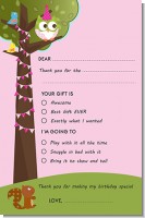 Owl Birthday Girl - Birthday Party Fill In Thank You Cards