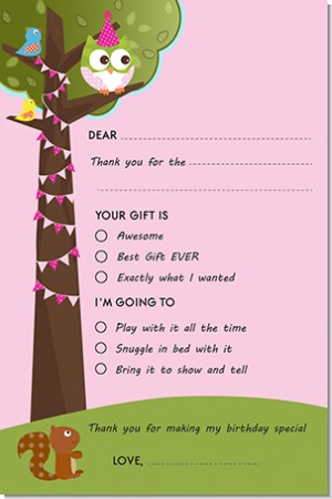 Owl Birthday Girl - Birthday Party Fill In Thank You Cards
