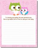 Owl - Look Whooo's Having A Girl - Baby Shower Notes of Advice