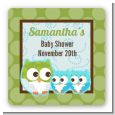 Owl - Look Whooo's Having Twin Boys - Square Personalized Baby Shower Sticker Labels thumbnail