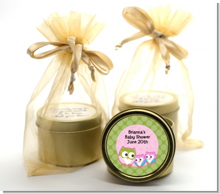 Owl - Look Whooo's Having Twin Girls - Baby Shower Gold Tin Candle Favors