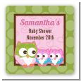 Owl - Look Whooo's Having Twin Girls - Square Personalized Baby Shower Sticker Labels thumbnail