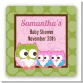 Owl - Look Whooo's Having Twin Girls - Square Personalized Baby Shower Sticker Labels
