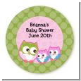 Owl - Look Whooo's Having Twin Girls - Round Personalized Baby Shower Sticker Labels thumbnail