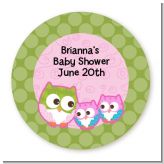 Owl - Look Whooo's Having Twin Girls - Round Personalized Baby Shower Sticker Labels