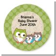 Owl - Look Whooo's Having Twins - Round Personalized Baby Shower Sticker Labels thumbnail