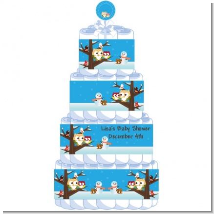 Owl - Winter Theme or Christmas - Personalized Baby Shower Diaper Cake 4 Tier
