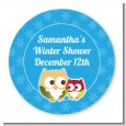 Owl - Winter Theme or Christmas - Round Personalized Baby Shower Sticker Labels thumbnail