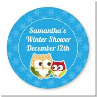 Owl - Winter Theme or Christmas - Round Personalized Baby Shower Sticker Labels