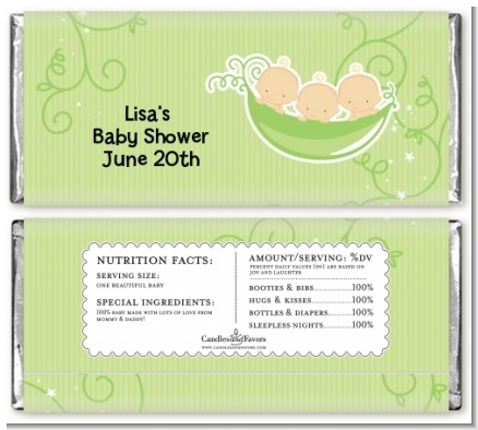 Triplets Three Peas in a Pod Caucasian - Personalized Baby Shower Candy Bar Wrappers