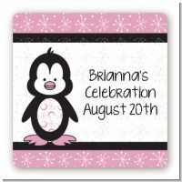 Penguin Pink - Square Personalized Baby Shower Sticker Labels