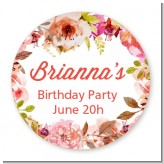 Pink Watercolor Flowers - Round Personalized Birthday Party Sticker Labels