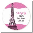 Pink Poodle in Paris - Round Personalized Baby Shower Sticker Labels thumbnail