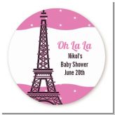 Pink Poodle in Paris - Round Personalized Baby Shower Sticker Labels