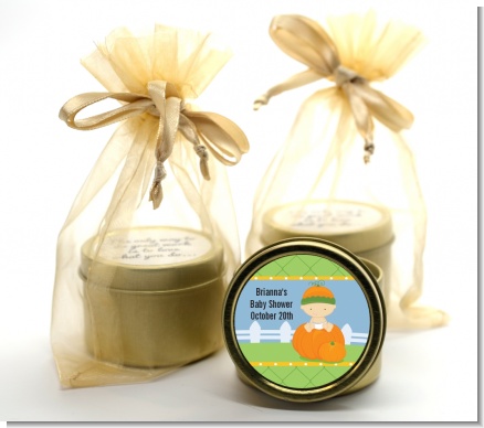 Pumpkin Baby Caucasian - Baby Shower Gold Tin Candle Favors
