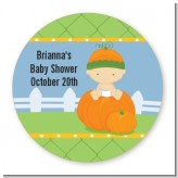 Pumpkin Baby Caucasian - Round Personalized Baby Shower Sticker Labels