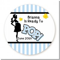 Ready To Pop Blue - Round Personalized Baby Shower Sticker Labels