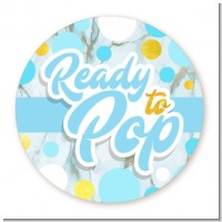 Ready To Pop Blue Gold - Round Personalized Baby Shower Sticker Labels