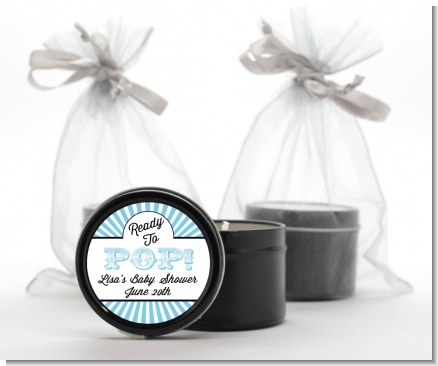 Ready To Pop Blue Stripes - Baby Shower Black Candle Tin Favors