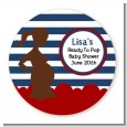 Ready To Pop Navy Blue Stripes and Red - Round Personalized Baby Shower Sticker Labels thumbnail