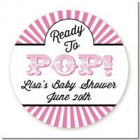 Ready To Pop Pink Stripes - Round Personalized Baby Shower Sticker Labels