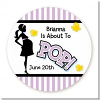 Ready To Pop Purple - Round Personalized Baby Shower Sticker Labels