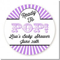 Ready To Pop Purple Stripes - Round Personalized Baby Shower Sticker Labels