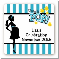 Ready To Pop Teal - Square Personalized Baby Shower Sticker Labels