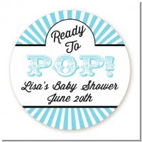 Ready To Pop Teal Stripes - Round Personalized Baby Shower Sticker Labels